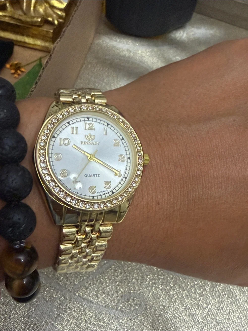 Rhinastar Gold-Tone Crystal Bezel Quartz Watch